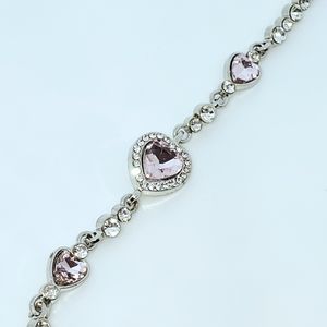 Pink Quartz & Crystal Rhinestones Heart Link Bracelet 7" to 9" Adjustable